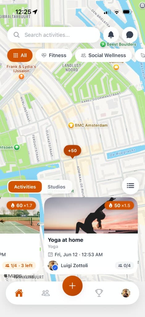 Bond home screen with a live map of nearby activities