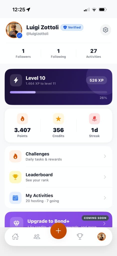 Bond profile screen showing level, points and streak